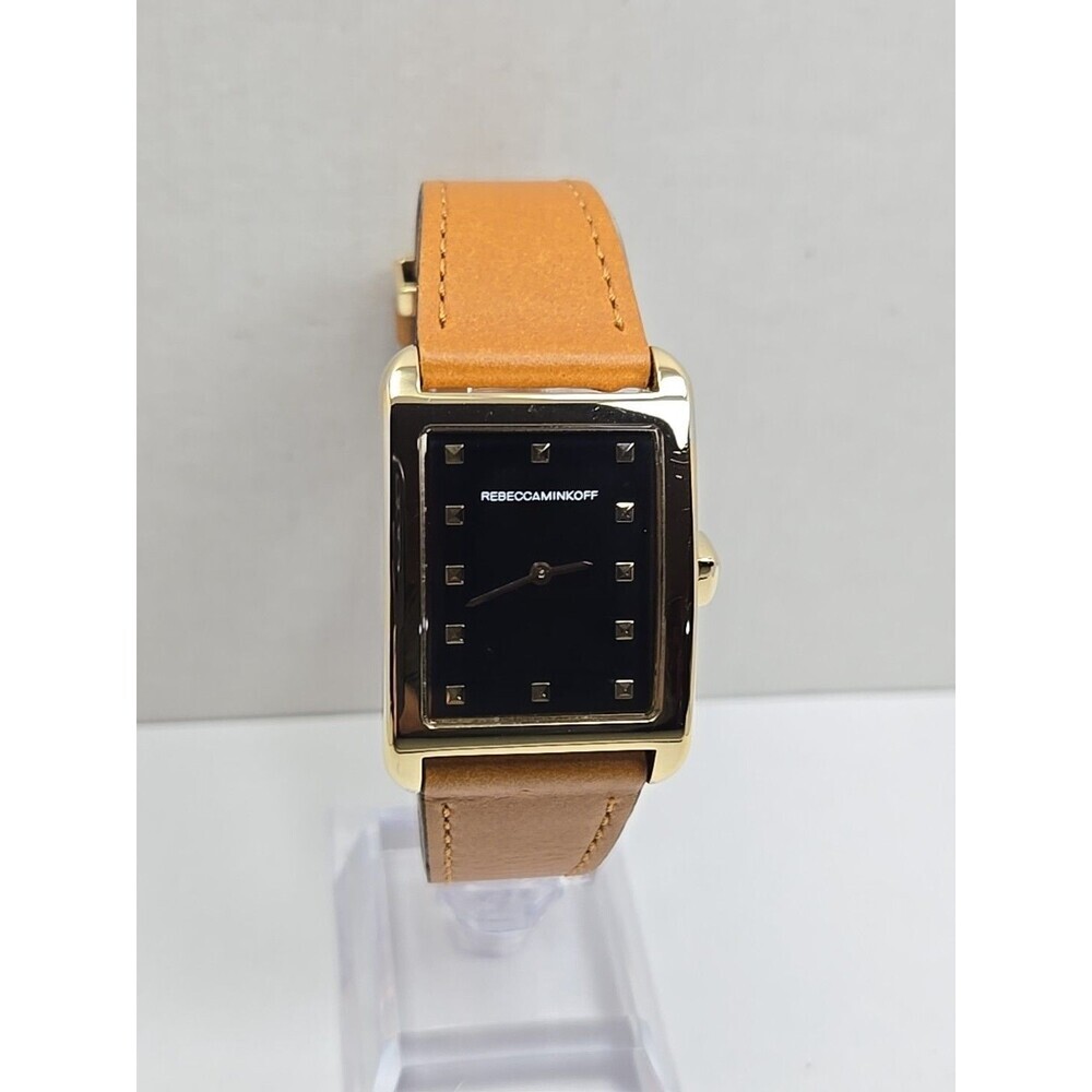 Rebecca Minkoff Womens Black Dial Tank Dress Watch New Battery Gold Tone Leather
